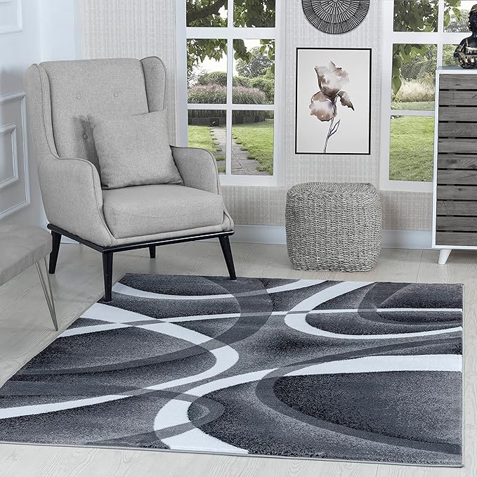 GLORY RUGS Modern Area Rug 5x7 Gray White Swirls Carpet Bedroom Living Room Contemporary Dining Accent Sevilla Collection 4816