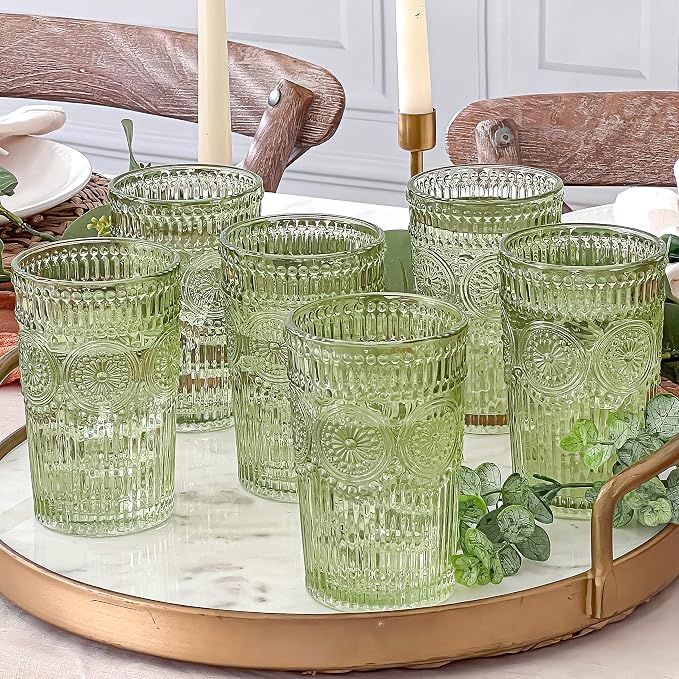 Kate Aspen Vintage Ribbed Green Drinking Glasses Set of 6-13 oz Colored Embossed Glass Cups for Water, Iced Tea, Cocktails - Perfect Holiday Drinkware, Christmas Entertaining & Gift Set