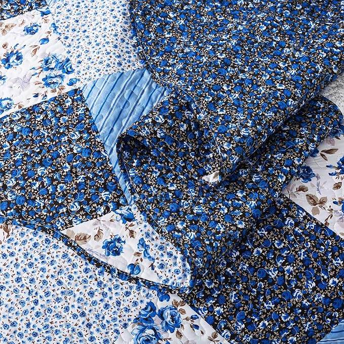 HoneiLife Quilt Sets Twin Size - 2 Piece Microfiber Quilts Reversible Bedspreads Patchwork Coverlets Floral Bedding Set All Season Quilts with Blue and White Porcelain Pattern