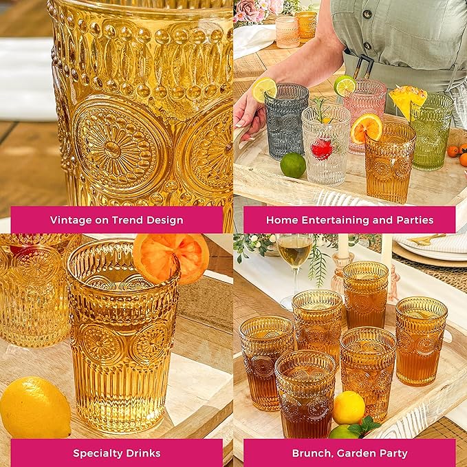 Kate Aspen Vintage Textured Amber Striped Drinking Glasses Set of 6-13 oz Ribbed Glassware with Flower Design | Cocktail Set, Juice Glass, Iced Coffee Cup