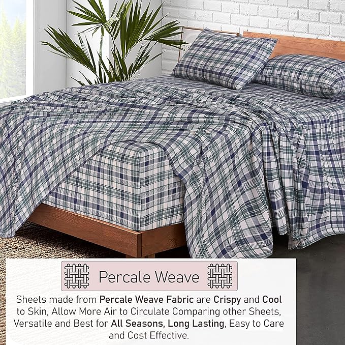 RUVANTI 100% Cotton Twin XL Sheet Sets, 3 Pieces, Soft & Breathable Percale Weave Bedding, Deep Pocket 16", Hotel Standard, Crisp Cool Feel, Durable, Perfect Size Plaid Sheets, Greenish Blue Plaid