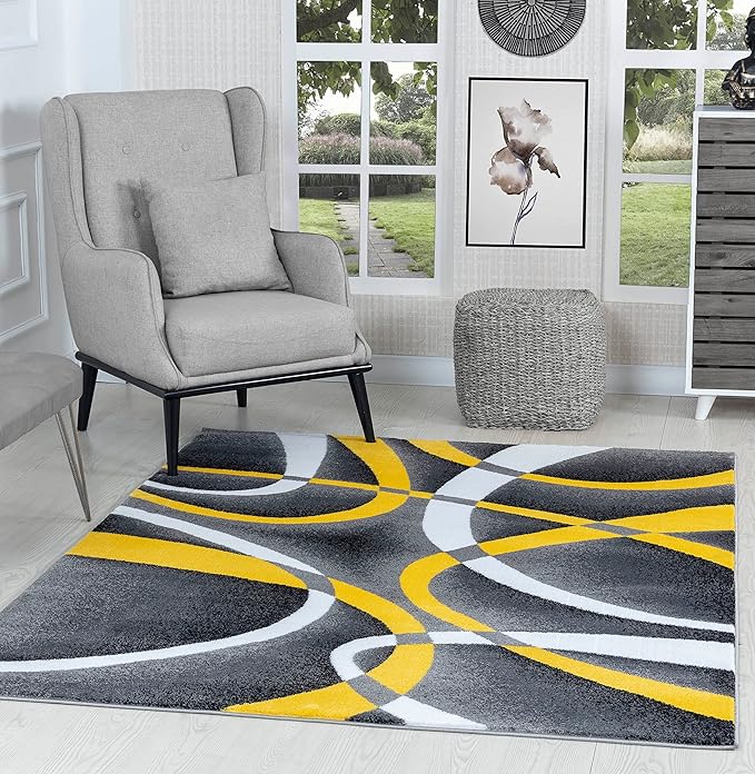 GLORY RUGS Area Rug 4x6 Yellow Door Mat Modern Swirls Carpet Bedroom Living Room Contemporary Dining Accent Sevilla Collection 4816