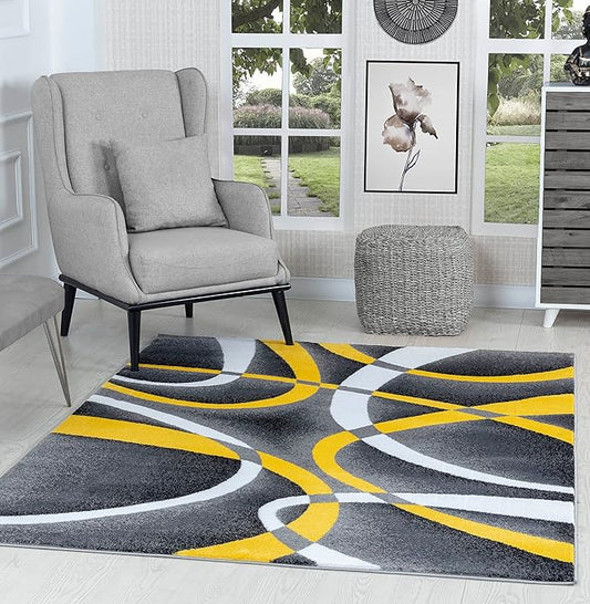 GLORY RUGS Area Rug 4x6 Yellow Door Mat Modern Swirls Carpet Bedroom Living Room Contemporary Dining Accent Sevilla Collection 4816
