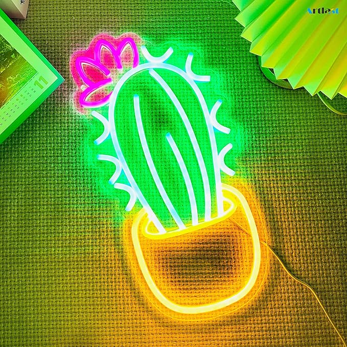 Cactus Neon Sign Potted Neon Light Cactus With a Flower LED Light Sign Plant Sign Houseplant Decoration Neon Aesthetic Decor for Bedroom Flower Store Birthday Holiday