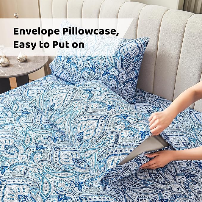 Softan Blue Paisley Printed Bed Sheets Full Size, Floral Sheet Set Full, Brushed Microfiber Patterned Fitted Sheet with 15" Deep Pocket & Non-Slip Straps, Blue Flower Sheets & Pillowcase Set