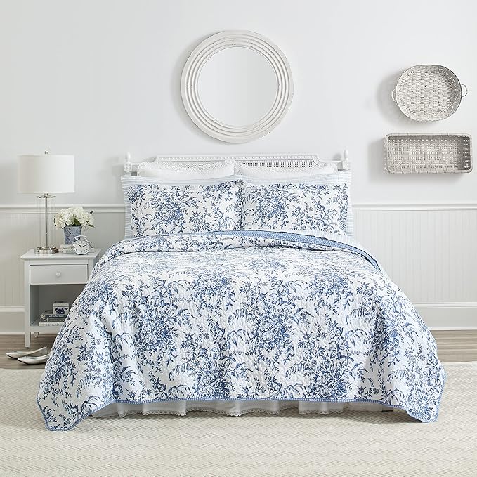 Laura Ashley - Twin Quilt Set, Reversible Cotton Bedding with Matching Sham, Medium-Weight for Year Round Use, Dorm Essentials (Bedford Delft Blue)