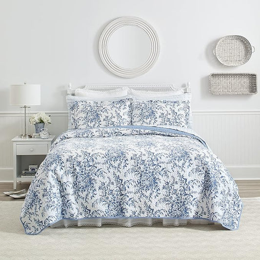 Laura Ashley - Twin Quilt Set, Reversible Cotton Bedding with Matching Sham, Medium-Weight for Year Round Use, Dorm Essentials (Bedford Delft Blue)