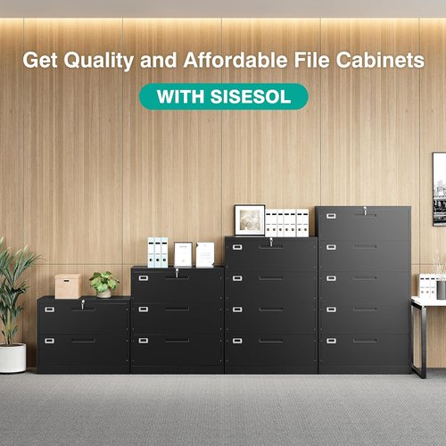 SISESOL Lateral File Cabinet - 2 Drawer Lockable Metal Design in Black | Fits A4, F4, Letter, Legal Files