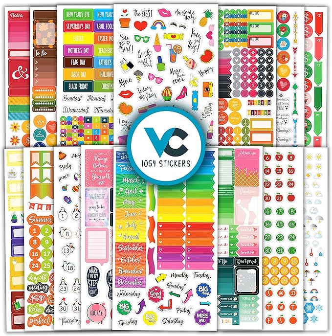 Vladi Creative Planner Stickers - 1054 Pieces, 15 Sheets, Decorative & Productivity-Boosting Colorful Stickers for Journals, Calendars, Scrapbooking, Time Management, & DIY Planner Decoration
