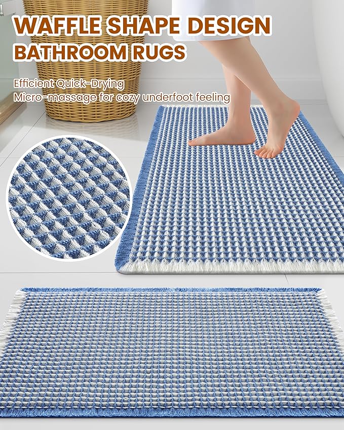 Smiry Waffle Bath Mat 30x20, Extra Soft Absorbent Bathroom Rugs, Non Slip Machine Washable Quick Dry Bath Rugs for Bathroom Floor, Tub, Shower, Home Decor Accessories, Blue & Cream