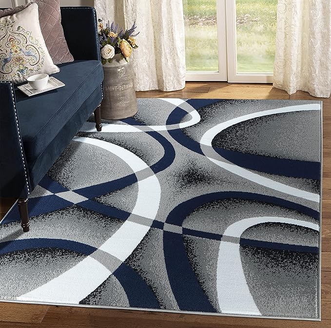 GLORY RUGS Area Rug 8x10 Navy Door Mat Modern Swirls Carpet Bedroom Living Room Contemporary Dining Accent Sevilla Collection 4816