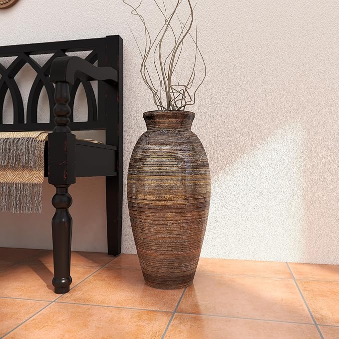 Deco 79 Bamboo Wood Decorative Vase Textured Centerpiece Vase with Lacquer, Vase for Home Decoration 10" x 10" x 20", Brown