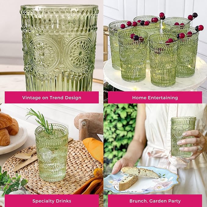 Kate Aspen Vintage Ribbed Green Drinking Glasses Set of 6-13 oz Colored Embossed Glass Cups for Water, Iced Tea, Cocktails - Perfect Holiday Drinkware, Christmas Entertaining & Gift Set