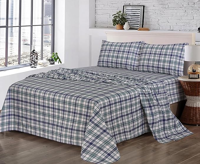 RUVANTI 100% Cotton California King Sheet Sets, 4 Pieces, Soft & Breathable Percale Weave Bedding, Deep Pocket 14", Hotel Standard, Crisp Cool Feel & Durable, Perfect Sheets, Greenish Blue Plaid