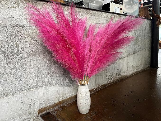 Premium Faux Pampas Grass Decor Tall & Fluffy, No Assembly Needed Long Pampas, Luxury Large Floral, Elegant Feather Flowers for Wedding Decorations (Faux Hot Pink, 8pcs 43.3"(110cm))