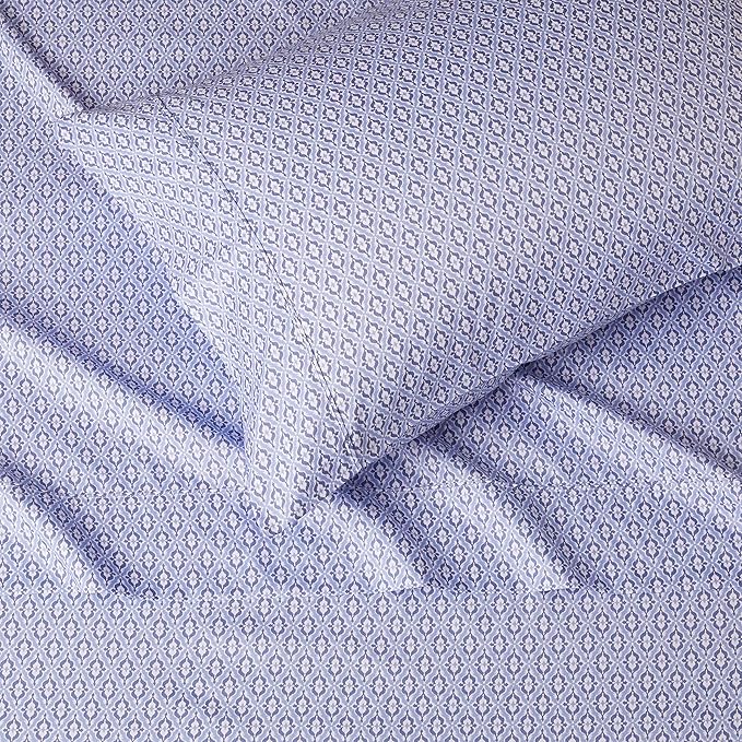 Amazon Basics Lightweight Super Soft Easy Care Wrinkle Free Microfiber 3 Piece Bed Sheet Set with 14-Inch Deep Pockets, Twin, Blue Damask, Printed, Kids, Men & Women Bedding (Pack of 4)