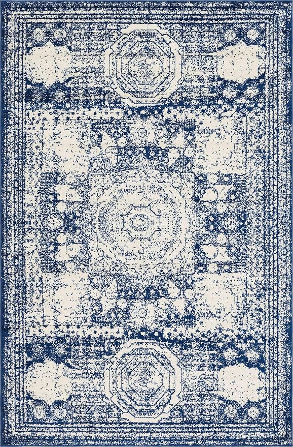 Unique Loom Bromley Collection Area Rug - Wells (6' 1" x 9' Rectangle, Ivory and Blue/ Ivory)