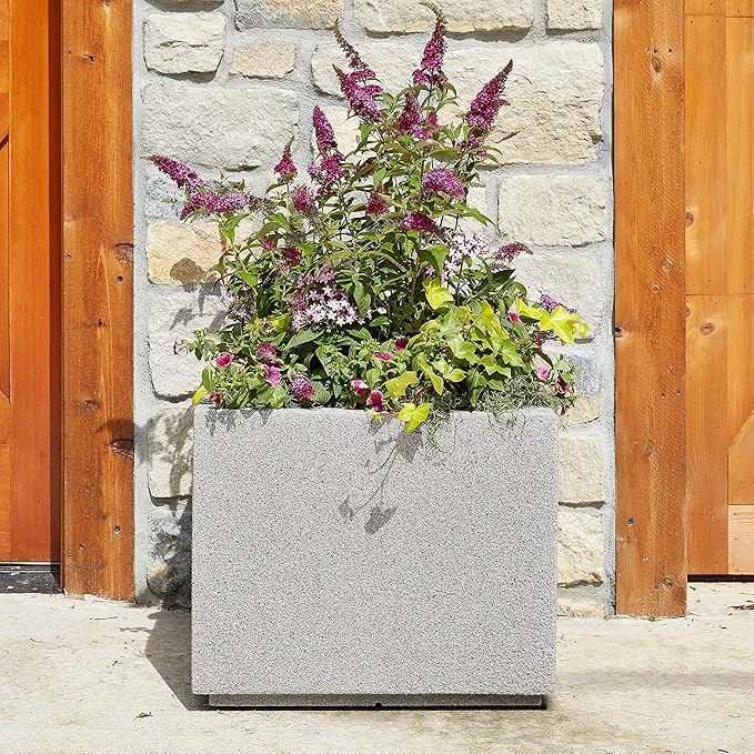 PolyStone Monterray Modern Outdoor/Indoor Square Planter, 23" L x 23" W x 19" H, Lightweight, Heavy Duty, Weather Resistant, Polymer Finish, Commercial Grade and Residential (Gray Granite)