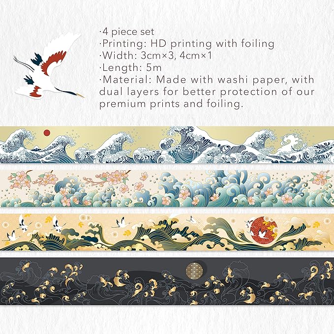 WT Waves of Rebun Washi Tape Set, 4 Rolls, Gold Foil, Decorative Masking Tape, Bujo Planner Supplies, DIY Crafts Tape, Adhesive Wrapping Tape, Paper Tape, Journaling Gifts