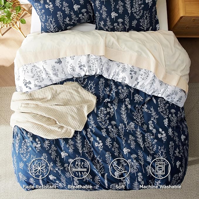Bedsure Duvet Cover Queen Size - Reversible Navy Blue Queen Duvet Cover Set with Zipper Closure, 3 Pieces Floral Patterned Bedding Set with 8 Corner Ties and 2 Pillow Shams