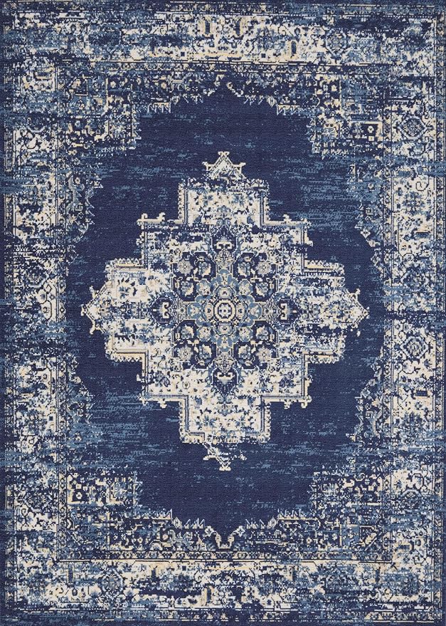 vivorug 9x12 Area Rugs for Living Room, Non Slip Machine Washable Vintage Navy Blue Rug, Ultra-Thin Lightweight Large Area Rug for Bedroom, Dining Room, Low Pile Rug