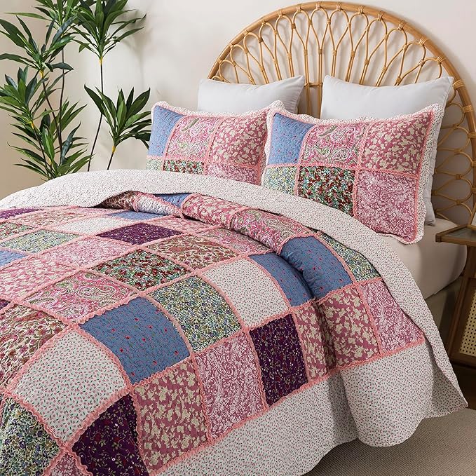 HoneiLife Quilt Set King Size - Rustic Bedspreads 106x96, Tufted Quilts 3-Piece, Patchwork Coverlet Lightweight Bedding Sets All Season Quilts