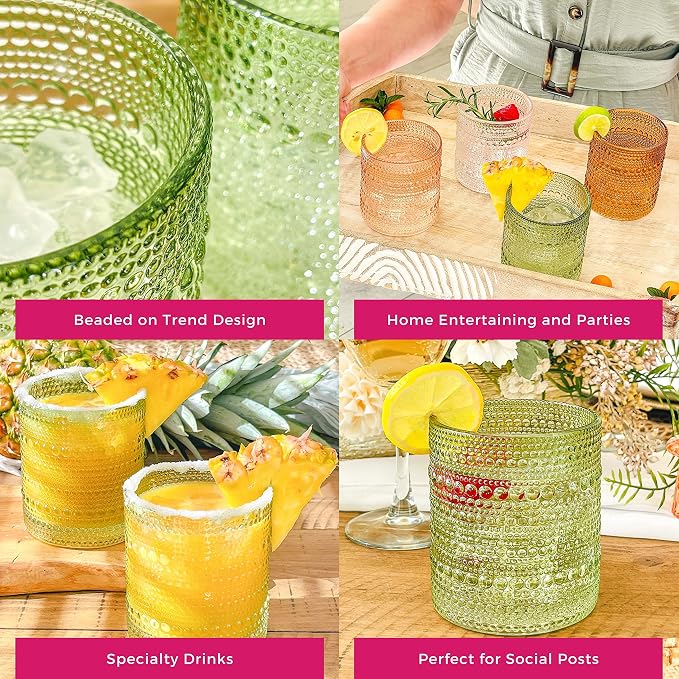 Kate Aspen Sage Green Hobnail Beaded Drinking Glasses Set of 6-10 oz Vintage Glassware, Holiday Entertaining Drinkware, Water & Cocktail Glasses - Great Christmas or Hostess Gift
