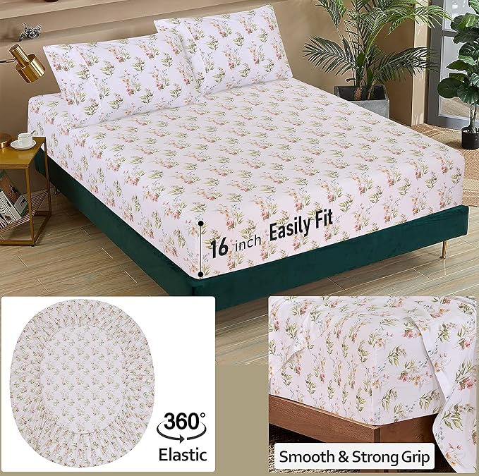 RUVANTI 100% Cotton Split King Sheets Sets for Adjustable Bed, 5 PCs, Soft & Breathable Percale Weave Bedding, Deep Pocket 16", Hotel Standard, Crisp Cool Feel & Durable, Floral Sheet, Floral Bliss