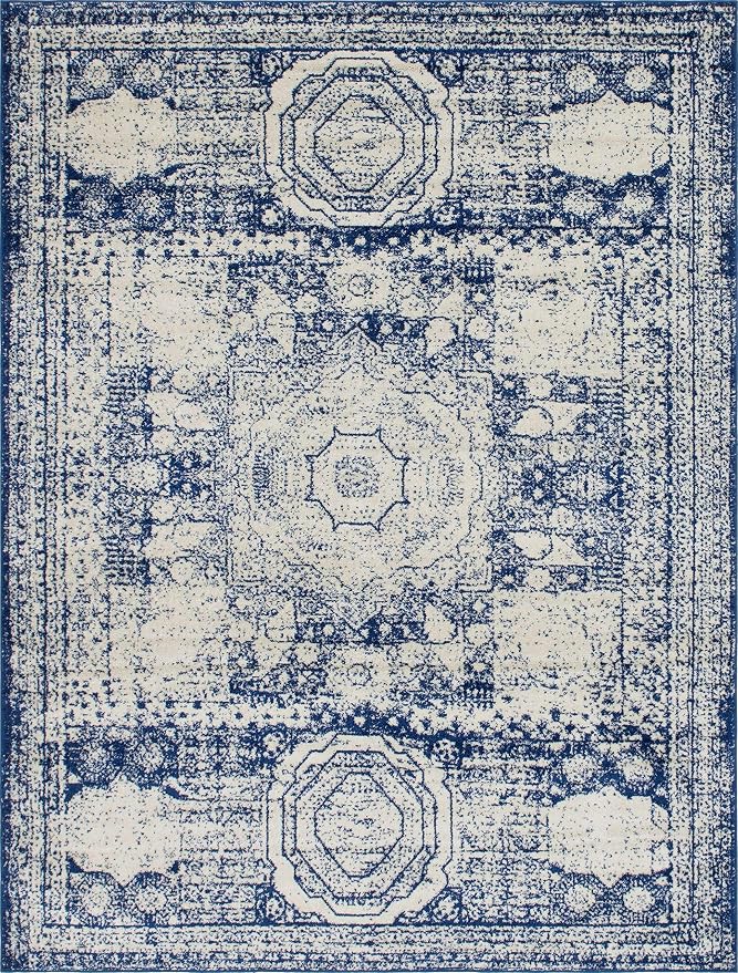 Unique Loom Bromley Collection Area Rug - Wells (7' 10" x 10' Rectangle, Ivory and Blue/ Ivory)