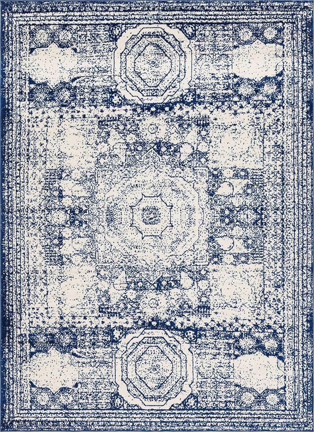 Unique Loom Bromley Collection Area Rug - Wells (8' x 11' Rectangle, Ivory and Blue/ Ivory)