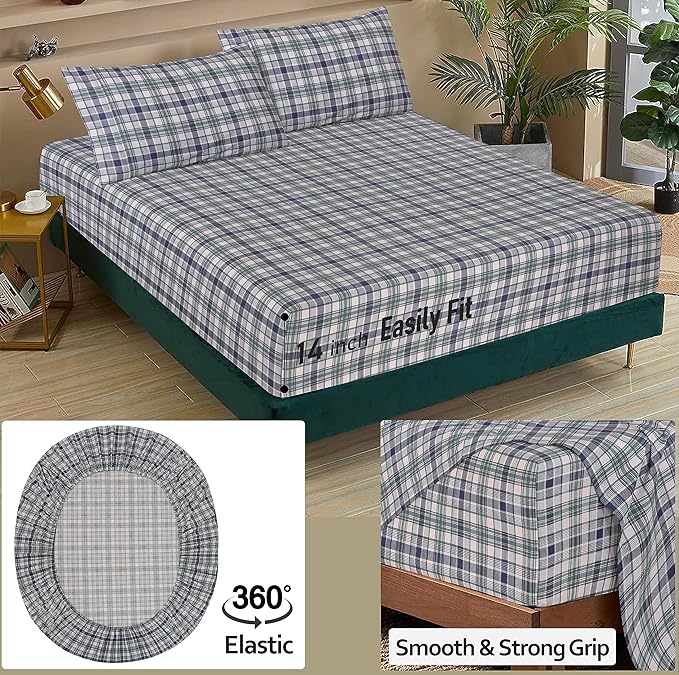 RUVANTI 100% Cotton California King Sheet Sets, 4 Pieces, Soft & Breathable Percale Weave Bedding, Deep Pocket 14", Hotel Standard, Crisp Cool Feel & Durable, Perfect Sheets, Greenish Blue Plaid