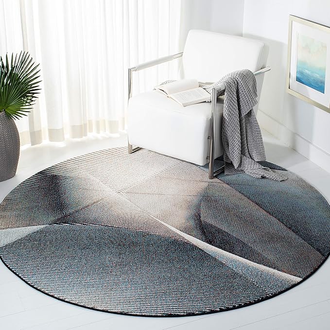 SAFAVIEH Hollywood Collection Area Rug - 5'3" Round, Beige & Blue, Mid-Century Modern Design, Non-Shedding & Easy Care, Ideal for High Traffic Areas in Living Room, Bedroom (HLW715B)
