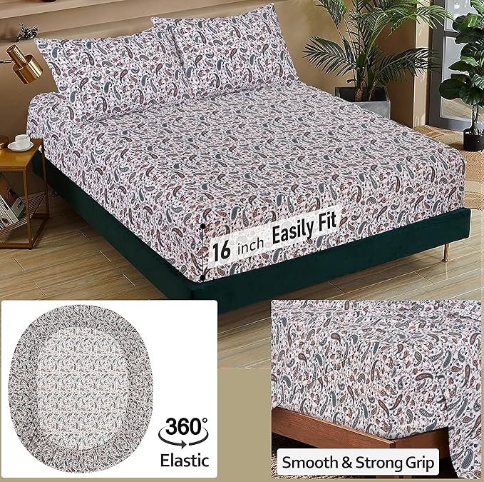 RUVANTI 100% Cotton Full Size Bed Sheets, 4 Pieces, Soft & Breathable Percale Weave Bedding, Deep Pocket 16", Hotel Standard, Crisp Cool Feel, Durable, Perfect Sheet Set Floral, Teal Paisley