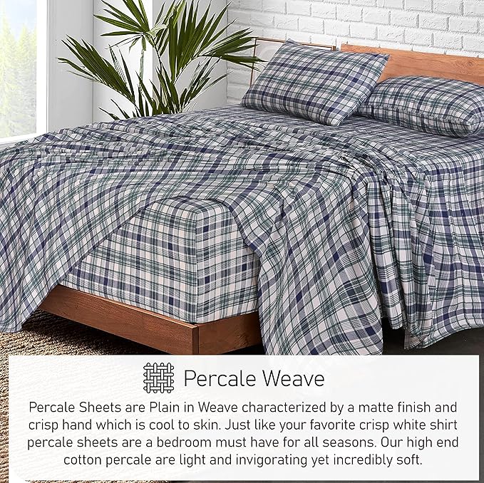 RUVANTI 100% Cotton King Size Sheets Set, 4 Pieces, Soft & Breathable Percale Weave Bedding, Deep Pocket 16", Hotel Standard, Crisp Cool Feel, Durable, Perfect Plaid Bed Sheet, Greenish Blue Plaid
