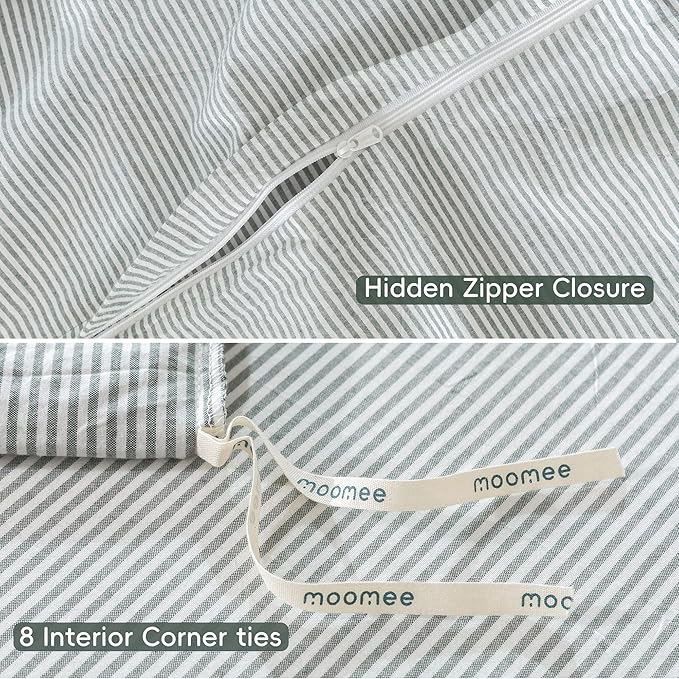 MooMee Striped Duvet Cover Set 100% Washed Cotton Linen Like Textured Breathable Durable Soft Comfy (Heathered Green Pinstripes, Super Queen 90"x98")