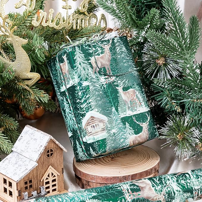 LeZakaa Green Christmas Wrapping Paper Roll, Fox, Squirrel, Reindeer & Chrismas Tree, Green Plaid for Winter Holiday Party, 17 x 120 inches, 3 Mini Rolls