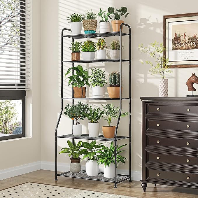 Simple Trending Plant Stand 5-Tier Plant Shelf for Indoor Outdoor, Waterproof Metal Tall Plant Stand for Living Room Bathroom Balcony Garden, Black