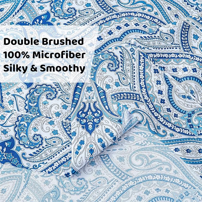 Softan Blue Paisley Printed Bed Sheets King Size, Floral Sheet Set King, Brushed Polyester Microfiber Fitted Sheet with 15" Deep Pocket & Non-Slip Straps, Blue Flower Patterned Sheet & Pillowcase Sets