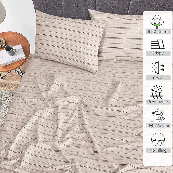 RUVANTI 100% Cotton California King Sheet Sets, 4 Pieces, Soft & Breathable Percale Weave Bedding, Deep Pocket 14", Hotel Standard, Crisp Cool Feel & Durable, Perfect Striped Sheets, Brown Stripes