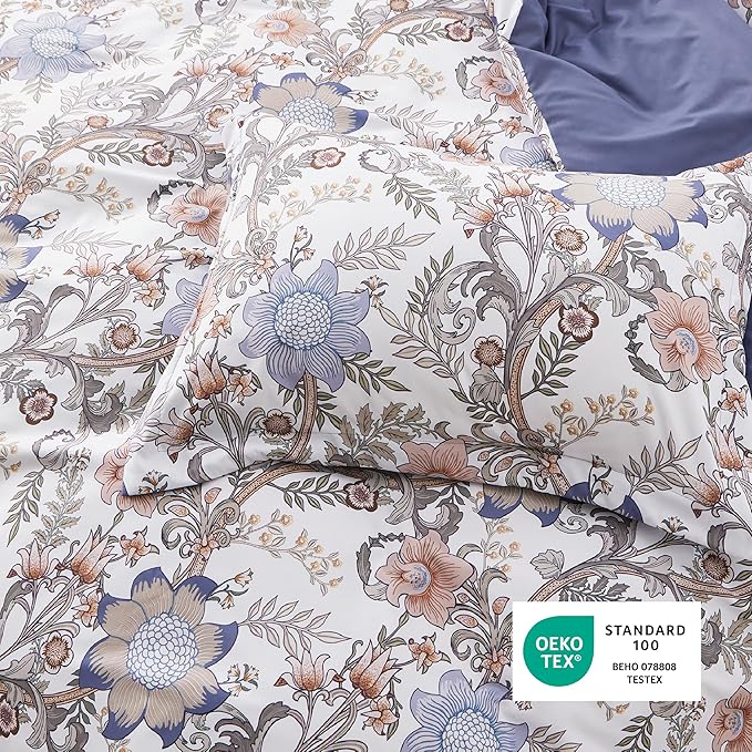 Bedsure Duvet Cover King Size - Reversible Blue Floral Duvet Cover Set with Zipper Closure, 3 Pieces Blossom Patterned Bedding Set with 8 Corner Ties and 2 Pillow Shams 20"x36"