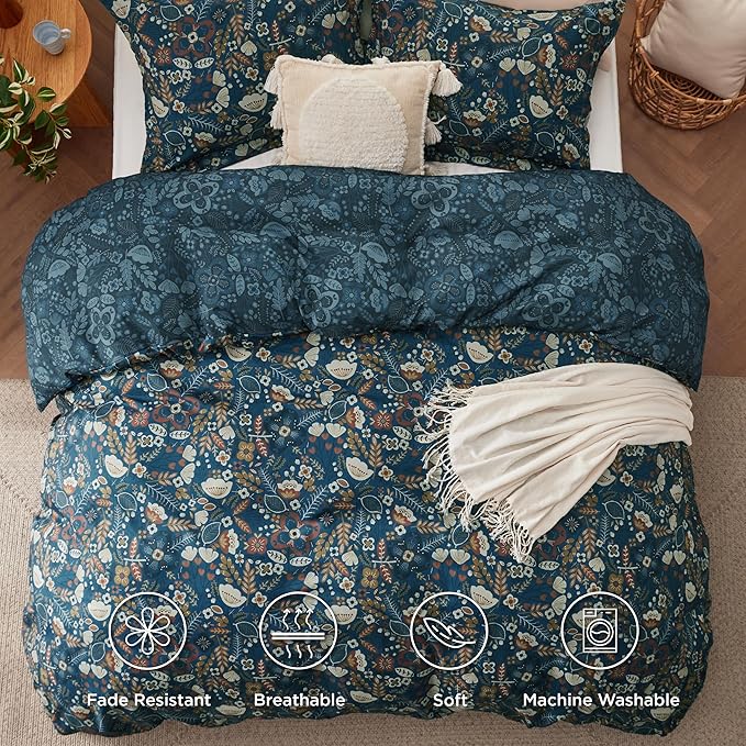 Bedsure Duvet Cover King Size - Reversible Floral Duvet Cover Set with Zipper Closure, 3 Pieces Navy Blue Bedding Set with 8 Corner Ties and 2 Pillow Shams 20"x36"