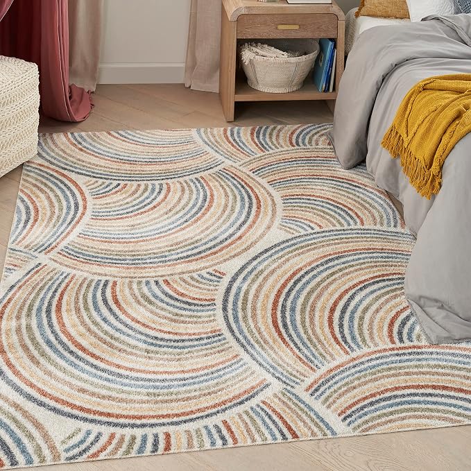 Nourison Astra Machine Washable Mid-Century Modern Ivory/Multi 5'3" x 7' Area Rug, Easy -Cleaning, Non Shedding, Bed Room, Living Room, Dining Room, Kitchen (5x7)