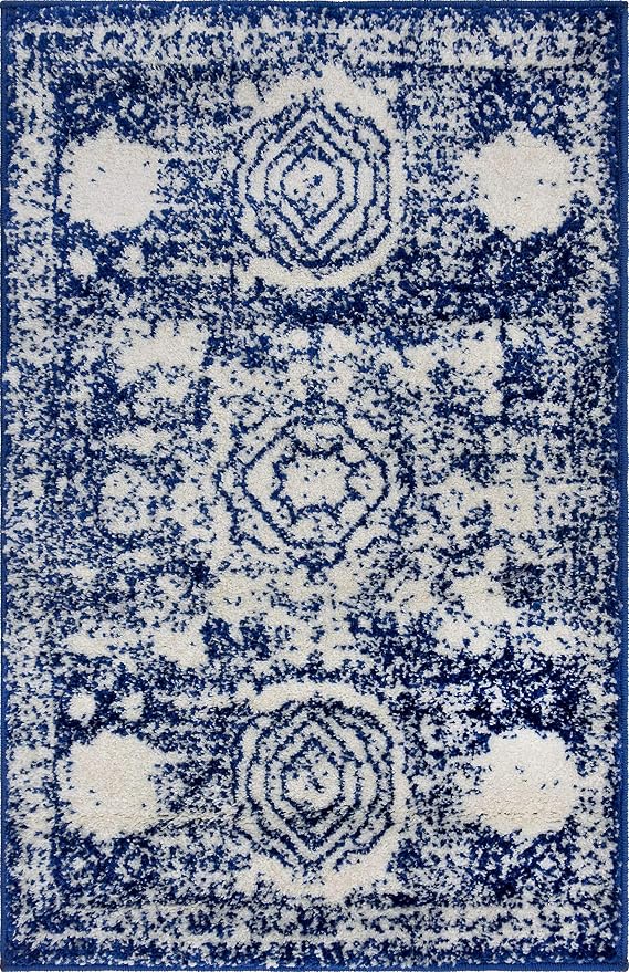Unique Loom Bromley Collection Area Rug - Wells (2' x 3' 1" Rectangle, Ivory and Blue/ Ivory)