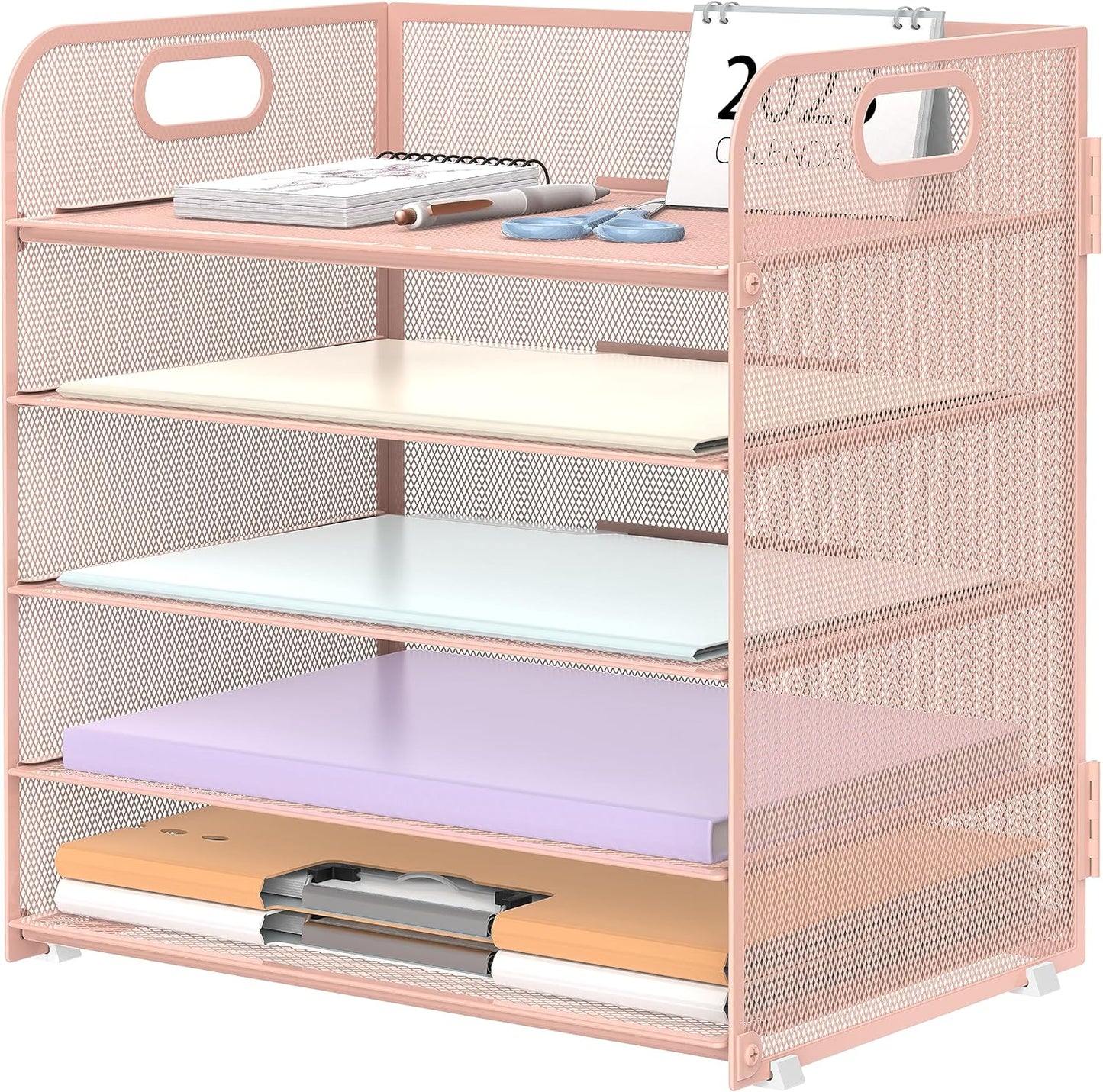 Supeasy Paper Organizer - 5-Tray Letter Tray with Handle | Mesh Desk File Holder in Pink