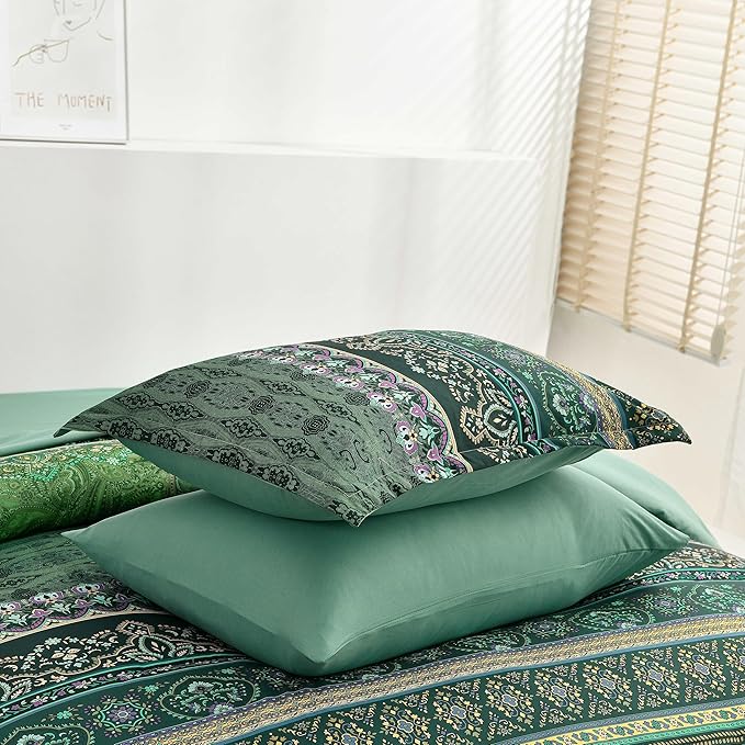 Boho Green Comforter Set Queen Size,8 Piece Bed in a Bag Bohemian Striped Bedding Quilt Set,Dark green Paisley Floral Comforter and Sheet Set,Soft Microfiber Complete Bedding Sets for All Season
