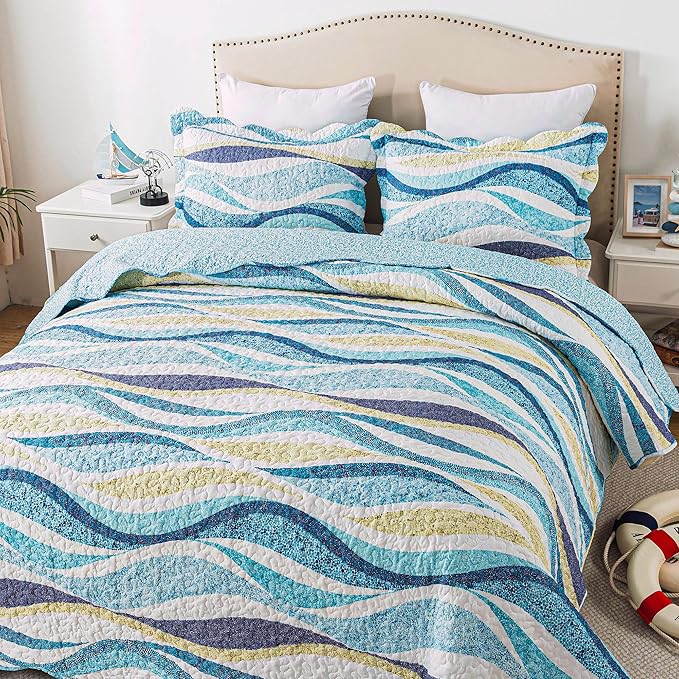 HoneiLife Beach Quilt King Size - 3 Pieces Coastal Quilt Sets Nautical Bedspreads Ocean Coverlets Lightweight Bed Cover, King Quilt Bedding Set All Season Quilts