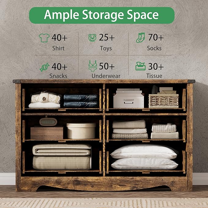 Dresser for Bedroom with 6 Drawers, 48" Wide Wood Chest of Drawers with Deep Drawers & Mental Handle, Wooden Dresser TV Stand, Modern Closet Storage Organizer for Living Room, Hallway, Entryway, Brown