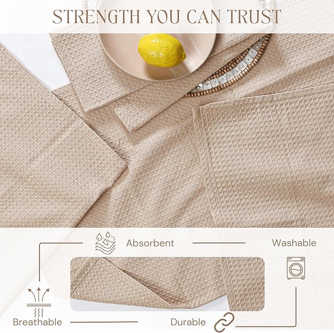 Beige Kitchen Dish Towels Set of 4-100% Cotton Waffle Weave, Super Absorbent, Soft, Quick Drying, 16x26 Inches, Ideal for Cleaning, Bar, Tea, and Everyday Use, Tan