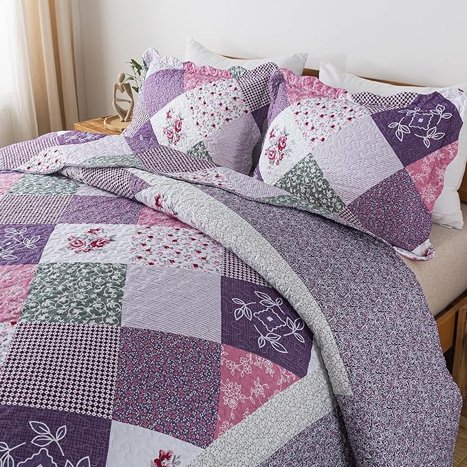 HoneiLife Quilt Sets King Size - 3 Pieces Microfiber Quilt Set Lightweight Bedspreads Reversible Coverlets Retro Bed Cover King Quilt Bedding Set All Season Quilts-Purple