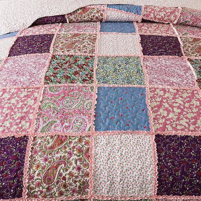 HoneiLife Queen Quilt Bedding Sets - Patchwork Quilt Bedding Sets 3-Piece 90x96, Reversible Bedspreads Floral Coverlet Nostalgic Bedding Set All Season Quilts